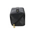 A black toiletry bag with a zipped closure and gold accents. It has a rectangular shape and a sleek design.