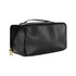 A black toiletry bag with a zip closure and a handle, featuring a logo on one side.