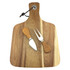 A wooden cheeseboard with a natural finish, featuring a cheese knife and a fork with wooden handles.