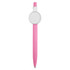 A pink plastic pen with a circular button at the top, featuring a logo.