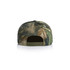 A camo cap in shades of green and brown, featuring a branded logo on the back and an adjustable strap.