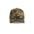 A camo cap featuring a pixelated pattern in shades of green, brown, and black, with a branded logo.