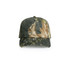 A camo cap in shades of green and brown with a leafy pattern, featuring a logo on the front.