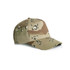 A camouflaged cap in shades of green and brown, featuring a logo on the front.