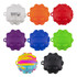 A set of colourful, textured balls in white, orange, red, blue, green, purple, pink, and black, featuring a logo.