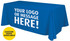A blue table cover fits a 6-foot table, featuring space for logos or messages. It has a branding logo in one corner.