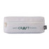 A white utility case featuring a zip closure and a logo on the front.