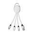 A white and silver retractable charger cable with three connectors: USB-C, Lightning, and Micro-USB. It features a loop for attachment.