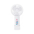 A portable white handheld fan with a vibrant logo and a sturdy base for support.