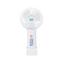 A white handheld fan featuring a logo and colourful text. It has a circular fan head and a sturdy base.