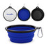 A collapsible bowl in blue with a black rim and carabiner, alongside white and black versions featuring a logo.