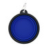 A collapsible bowl in blue and black, featuring a silver clip for attachment.