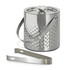 A silver ice bucket with a textured surface and a lid, accompanied by metal tongs.