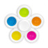 A fidget spinner in the shape of a flower with blue, green, orange, pink, and yellow buttons on a white base.
