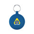 A blue keychain with a circular design, featuring a logo with musical notes and a triangle shape.