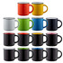 A collection of mugs in red, yellow, green, blue, white, and black with contrasting rims. Each mug has a handle and a logo.