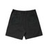 Faded black dress shorts featuring an elastic waistband and two back pockets. Includes a branding logo.