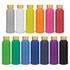 A drink bottle collection featuring aluminium bottles in multiple colours, including silver, white, yellow, pink, red, and more, with gold caps.