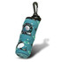 A golf ball holder in teal with a golf-themed design and a clip for attachment. Features a logo on its surface.