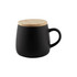 A black coffee mug with a bamboo lid and a rounded shape, featuring a handle and a smooth finish.