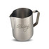 A stainless steel milk jug with a curved spout and handle, featuring a decorative logo.