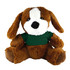 A brown plush dog with floppy ears, wearing a green shirt, seated with an adorable expression.