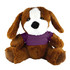 A brown plush dog with floppy ears, featuring a white patch on its face and dressed in a purple shirt.