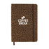 A brown A5 notebook with a textured cover and an elastic band, featuring a logo on the front.