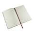 A brown A5 notebook with lined pages and a matching ribbon bookmark, open to display its interior.