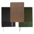 A set of three notebooks in black, brown, and green, featuring textured covers and ribbon bookmarks. Each has a logo.