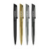 A collection of four metal pens in gold, silver, black, and charcoal, each featuring a branding logo.