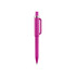 A pink plastic pen with a clip and a shiny silver trim, featuring a logo near the top.