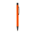 An orange metal pen with a black clip and tip, featuring a branding logo.
