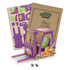 A wooden model forklift in vibrant purple and orange, accompanied by a cardboard assembly guide and parts.