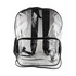 A clear stadium backpack with black straps and a front zip pocket, featuring a logo on the side.