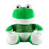 A green frog plush toy with a white underside and wearing a green shirt, featuring large eyes and a friendly expression.
