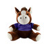 A brown and cream plush horse wearing a purple shirt, featuring a smiling face and large, soft features.