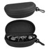 A black hard-shell glasses case with a zippered opening, containing a pair of sunglasses inside. It has a clip for attachment.