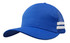 A blue trucker cap with stripes, featuring a solid front panel and mesh side panels. It includes a logo.