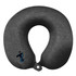 A grey memory neck pillow with a U-shape and a logo on one side.