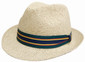 A Fedora Style String Straw Hat in natural straw colour with a colourful band. The hat has a branded logo.