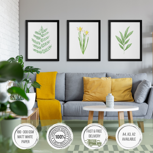 Botanical print minimalistic print leaf print flower print yellow flower print set of 3 prints living room prints lounge prints wall decor wall art artwork watercolour prints