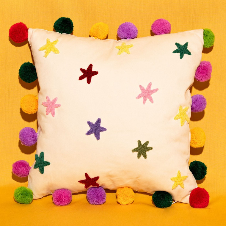 Tufted Stars Cushion With Pom Poms