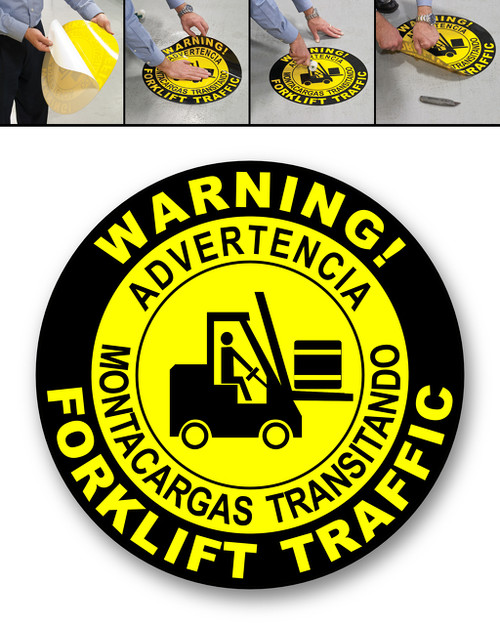 WARNING FORKLIFT TRAFFIC with spanish translation - DURAMarker Grip®: Full-Color, In & Outdoor Floor Signage