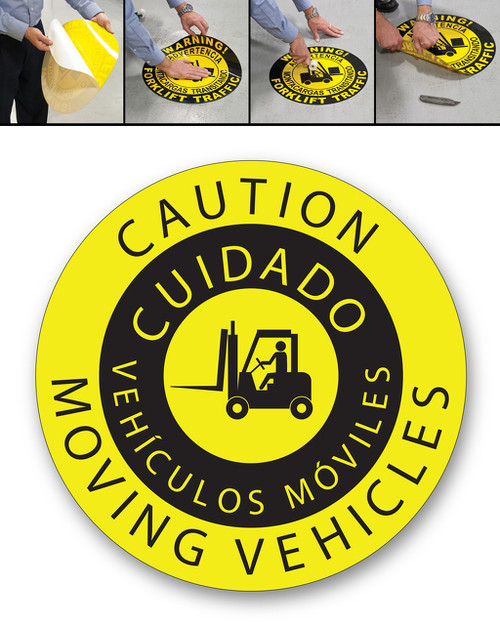 CAUTION MOVING VEHICLES with spanish translation - DURAMarker Grip®: Full-Color, In & Outdoor Floor Signage