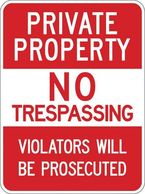 PRIVATE PROPERTY NO TRESPASSING VIOLATORS WILL BE PROSECUTED Sign
