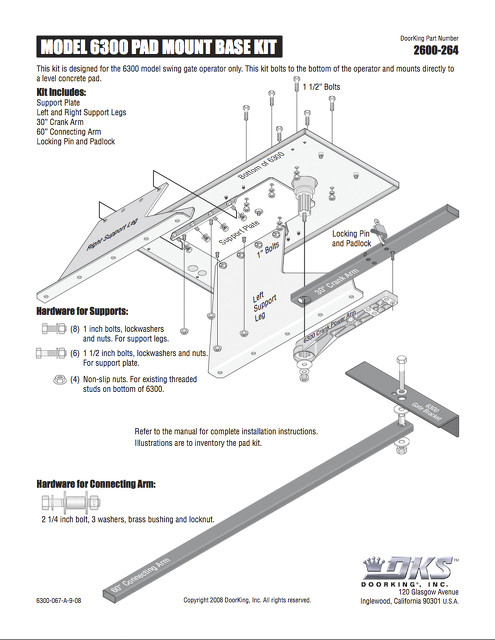 DoorKing 6300 Swing Gate Pad Mount, Arm and Hardware