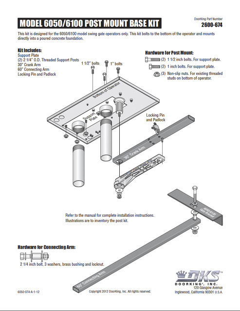 DoorKing 6100 Swing Gate Post Mount, Arm and Hardware