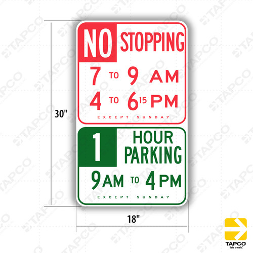 R31(S) (CA) NO STOPPING (Specify Times) 1 HOUR PARKING (Specify Times) EXCEPT SUNDAY Sign