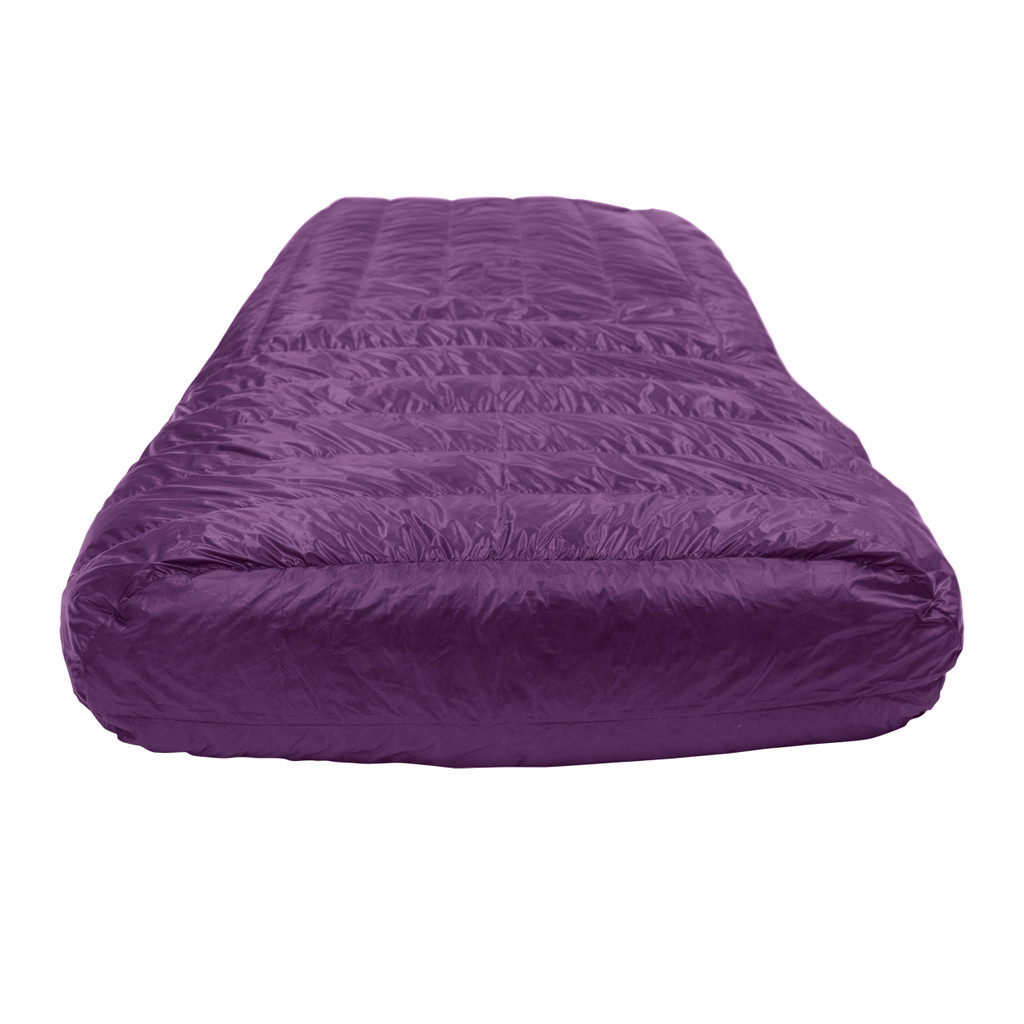 bottom view of a sewn-closed foot box from a purple shell lightweight multiple person sleeping bag quilt with a black interior
